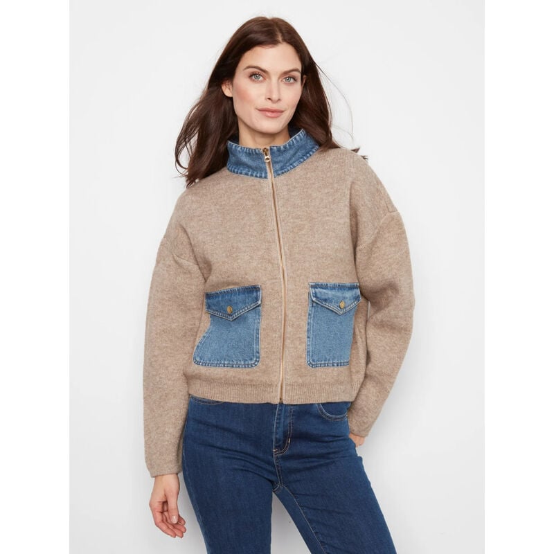 Charlie B Denim Detail Sweater Jacket Womens image number 0