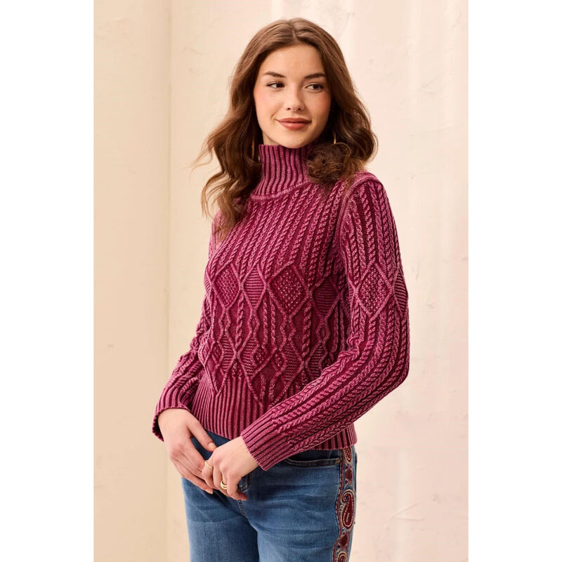 Tribal Cable Knit Mock Neck Special Wash Sweater Womens image number 1