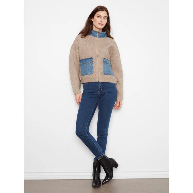 Charlie B Denim Detail Sweater Jacket Womens image number 3