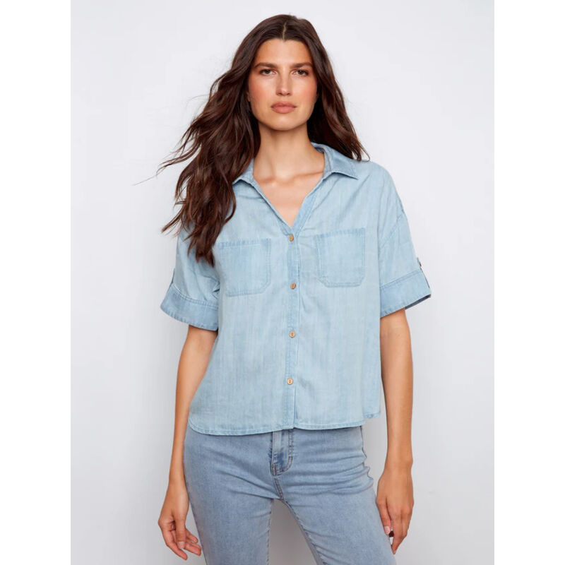 Charlie B Short Sleeve Button-Front Tencel Shirt Womens image number 0